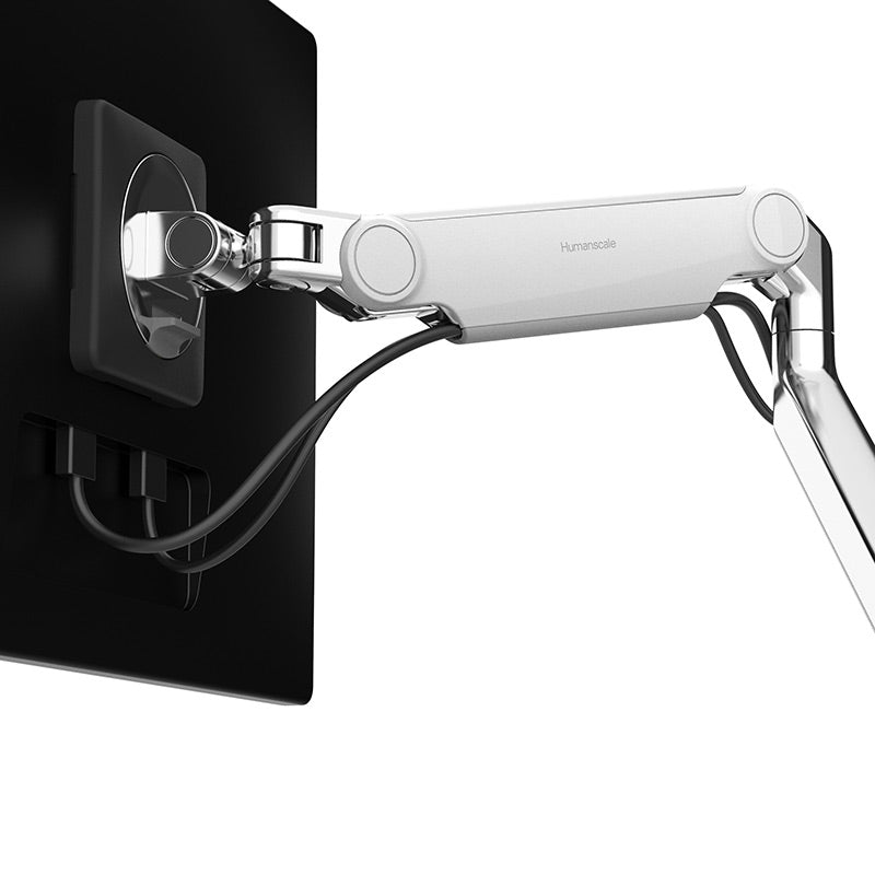 Closeup of the Humanscale M2.1 single monitor arm polished aluminum finish. Kansas City Office Furniture