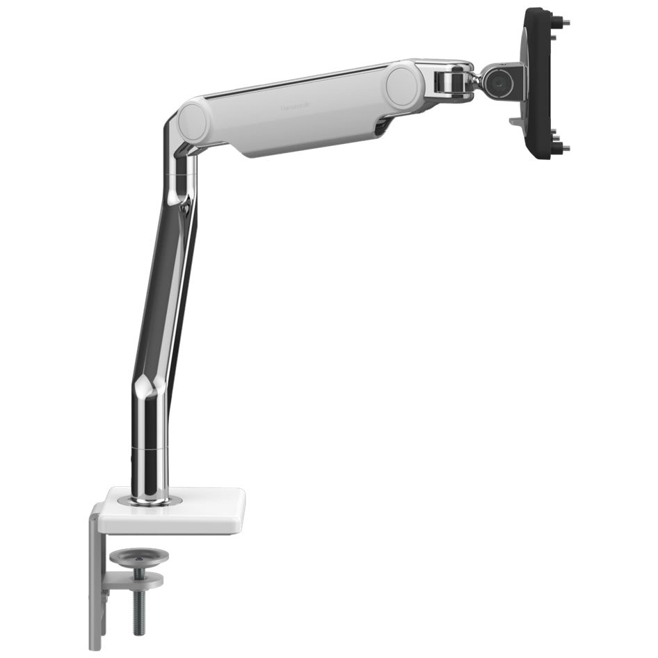 Humanscale M2.1 single monitor arm polished aluminum finish. Side View. Kansas City Office Design.