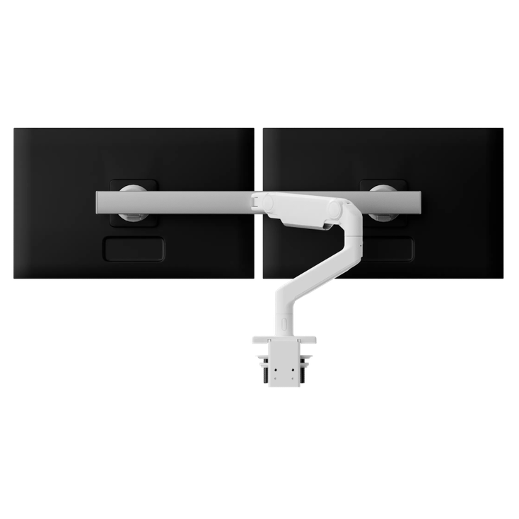 Humanscale M8 Pro Monitor Arm – Heavy-Duty Single &amp; Dual Monitor Desk Mount (Up to 50 lbs), Dual Monitor Arm (Crossbar), White, front view. Kansas City Office Design.