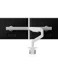 Humanscale M8 Pro Monitor Arm – Heavy-Duty Single & Dual Monitor Desk Mount (Up to 50 lbs), Dual Monitor Arm (Crossbar), White, front view. Kansas City Office Design.