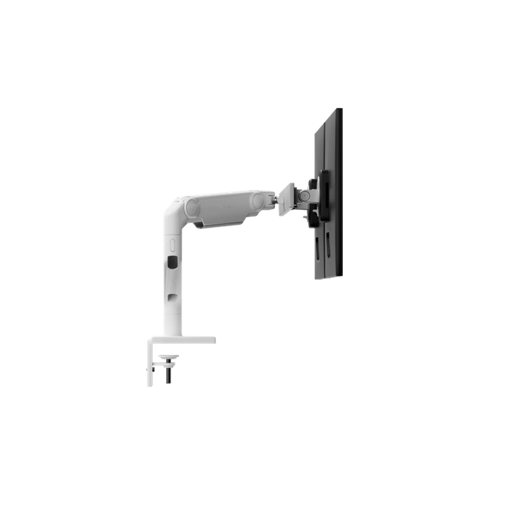 Humanscale M8 Pro Monitor Arm – Heavy-Duty Single &amp; Dual Monitor Desk Mount (Up to 50 lbs), Dual Monitor Arm (Crossbar), White, side view. Kansas City Office Design.