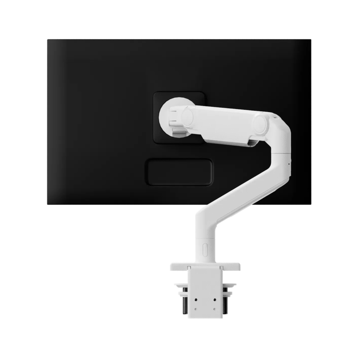 Humanscale M8 Pro Monitor Arm – Heavy-Duty Single &amp; Dual Monitor Desk Mount (Up to 50 lbs), Single Monitor Arm, White, front view. Kansas City Office Design.