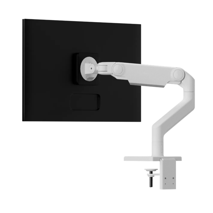 Humanscale M8 Pro Monitor Arm – Heavy-Duty Single &amp; Dual Monitor Desk Mount (Up to 50 lbs), Single Monitor Arm, White, back view. Kansas City Office Design.