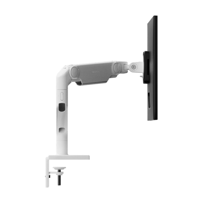 Humanscale M8 Pro Monitor Arm – Heavy-Duty Single &amp; Dual Monitor Desk Mount (Up to 50 lbs), Single Monitor Arm, White, side view. Kansas City Office Design.