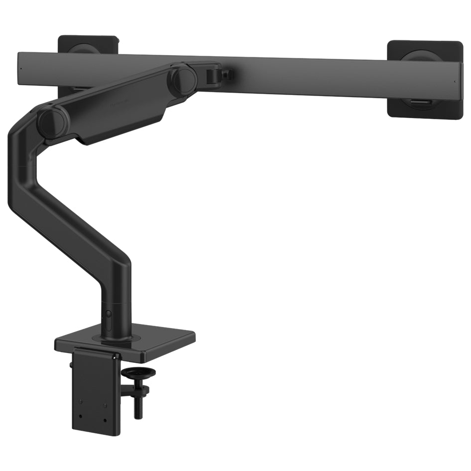 Humanscale M8.1 dual monitor arm in black with crossbar back view.