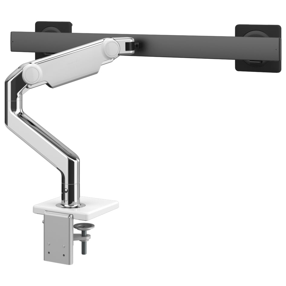 Humanscale M8.1 dual monitor arm in polished aluminum with crossbar back view.