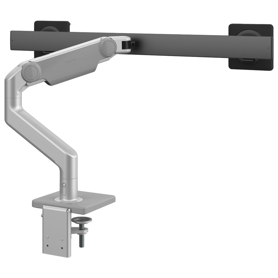 Humanscale M8.1 dual monitor arm in silver with crossbar back view.