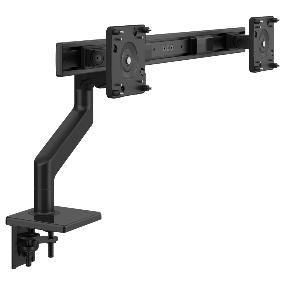 Humanscale M8.1 dual monitor arm in black with crossbar front view.