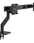 Humanscale M8.1 dual monitor arm in black with crossbar front view.