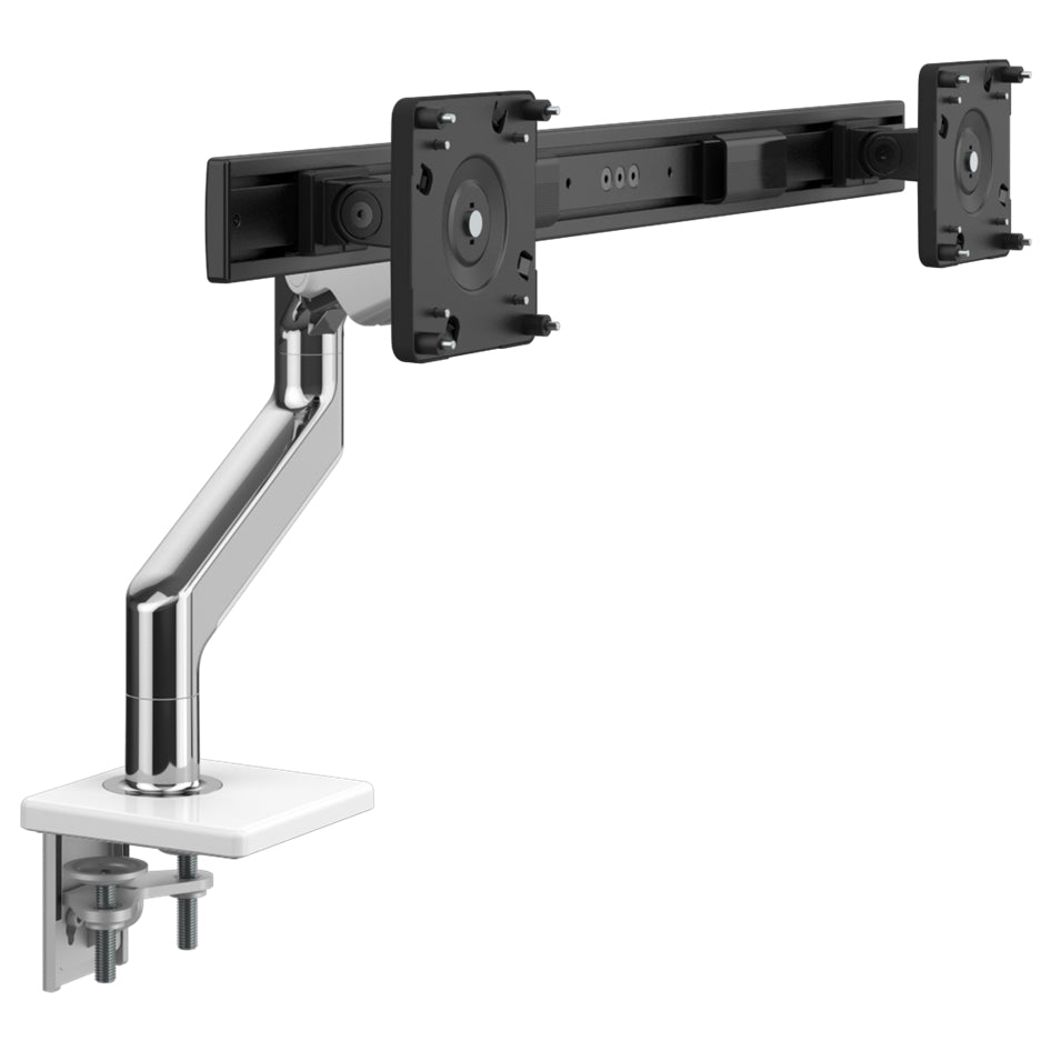 Humanscale M8.1 dual monitor arm in polished aluminum with crossbar front view.