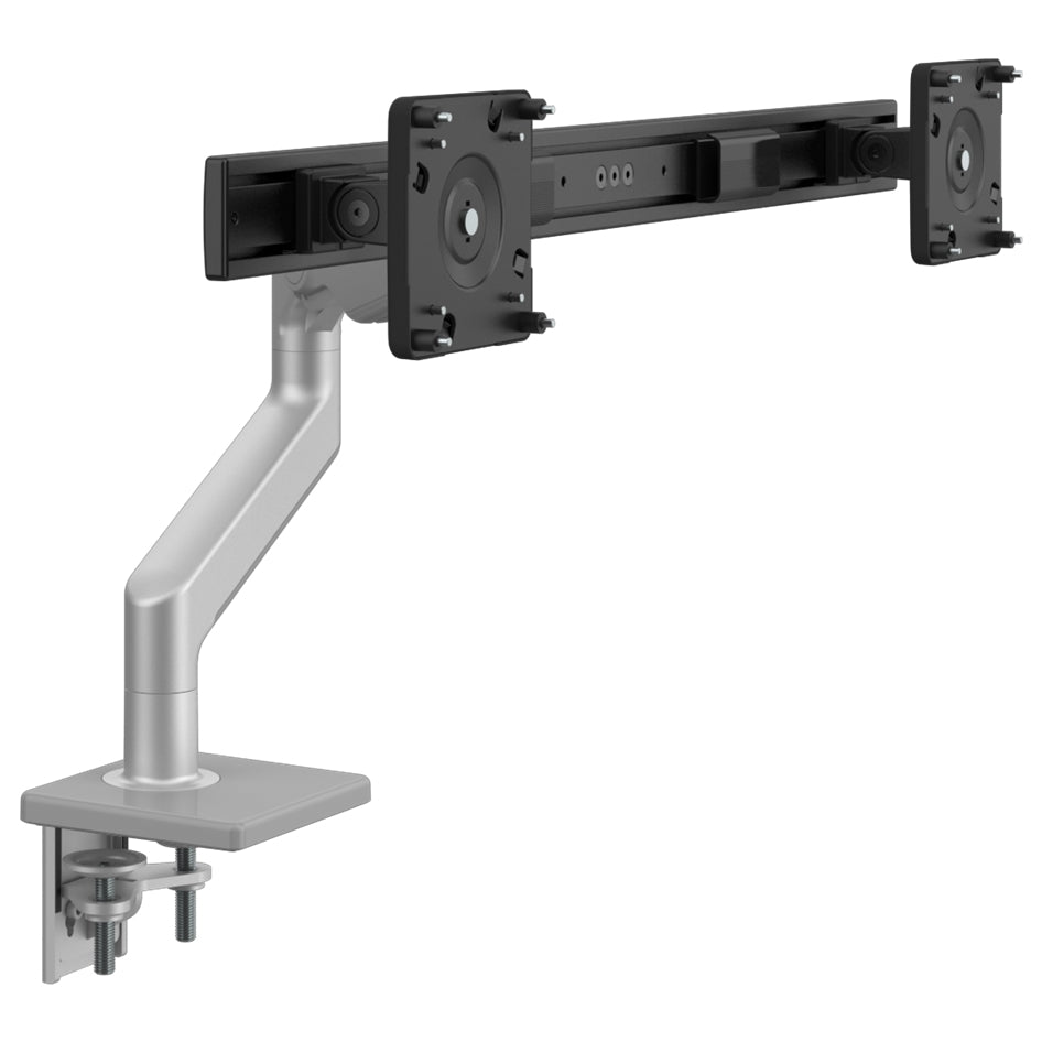 Humanscale M8.1 dual monitor arm in silver with crossbar front view.