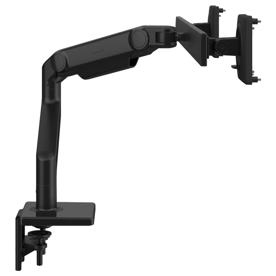 Humanscale M8.1 dual monitor arm in black with crossbar side view.