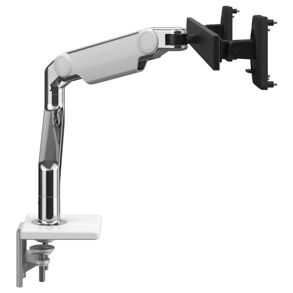 Humanscale M8.1 dual monitor arm in polished aluminum with crossbar side view.