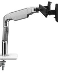 Humanscale M8.1 dual monitor arm in polished aluminum with crossbar side view.