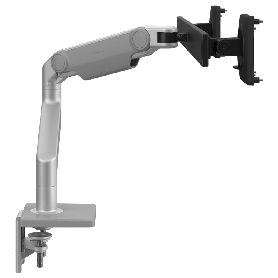 Humanscale M8.1 dual monitor arm in silver with crossbar side view.