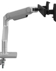 Humanscale M8.1 dual monitor arm in silver with crossbar side view.