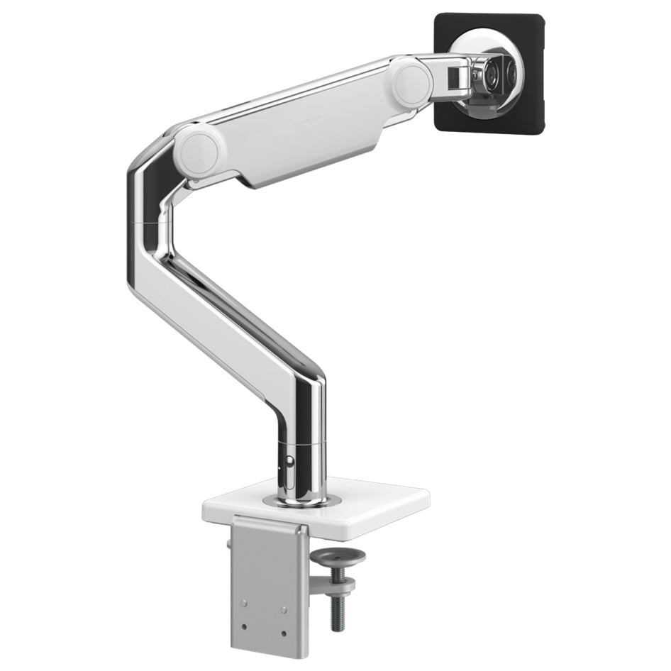 Humanscale M8.1 monitor arm in polished aluminum finish. Back view.