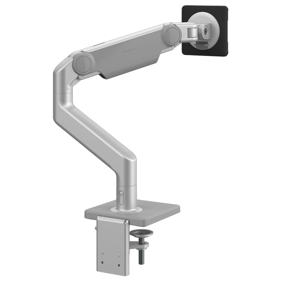 Humanscale M8.1 monitor arm in silver finish. Back view.
