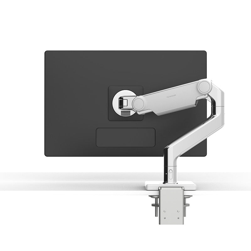 Humanscale M8.1 monitor arm view from the back in a polished aluminum finish.