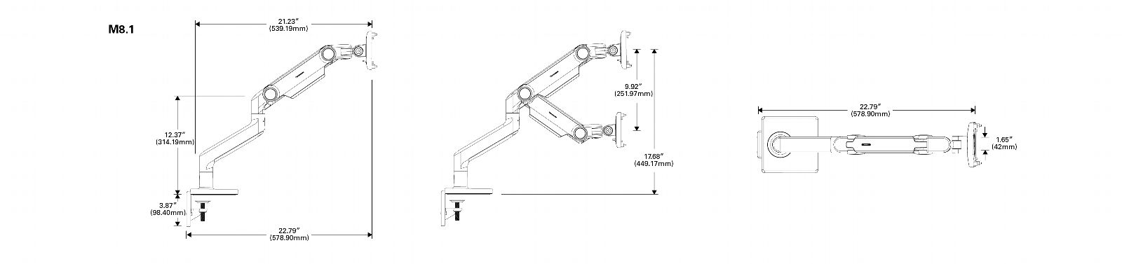 Humanscale M8.1 monitor arm dimensions