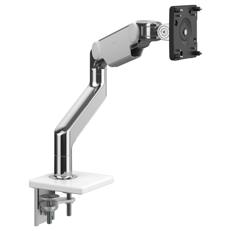 Humanscale M8.1 monitor arm in polished aluminum finish. Front view.