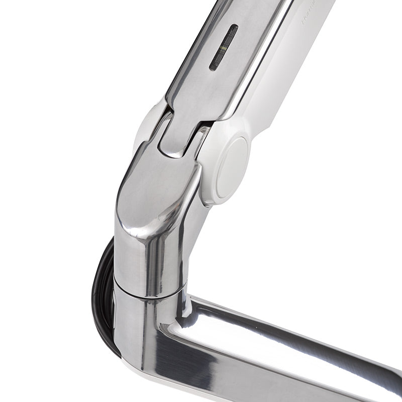 Closeup of HumanScale 8.1 Monitor Arm in Polished Aluminum. 