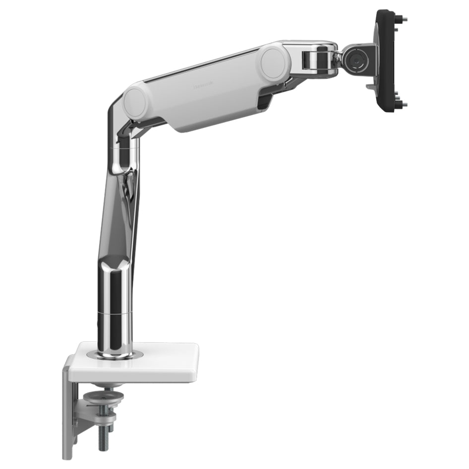 Humanscale M8.1 monitor arm in polished aluminum finish. Side view.