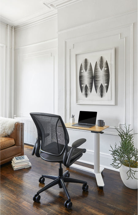 Modern home office with a Humanscale Float Mini desk, Humanscale World chair, and decor elements. Kansas City Office Design.