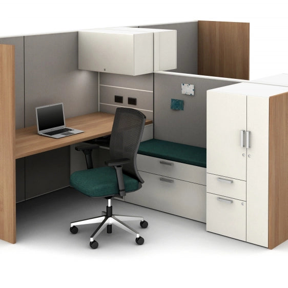 Modern office cubicle with desk, chair, and storage cabinets. Kansas City Office Design