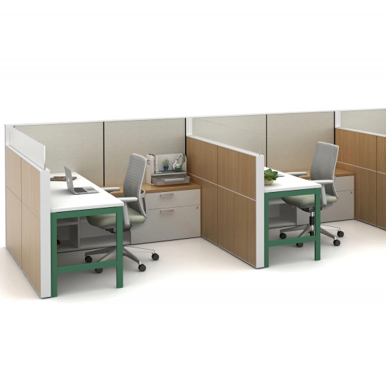 Modern office cubicles with desks, chairs, and partitions on a white background. Kansas City Office Design