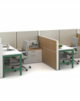 Modern office cubicles with desks, chairs, and partitions on a white background. Kansas City Office Design