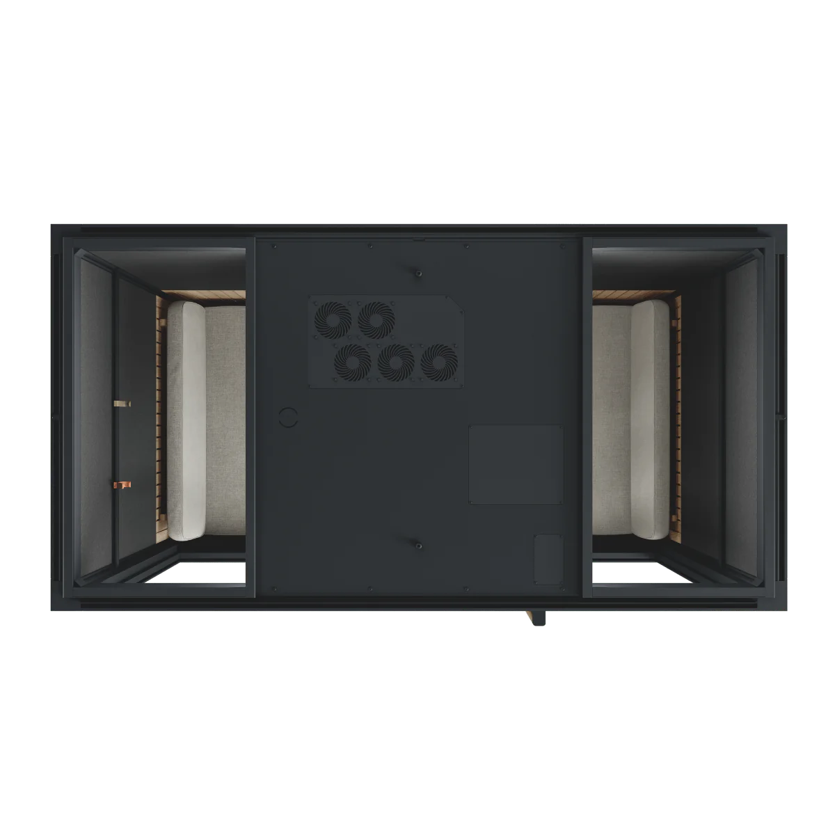 Top view of Meeting Room Phone Booth, showing the ventilation.  Black Soundproof Office Pod with Glass Door and Seating. Kansas City Office Furniture