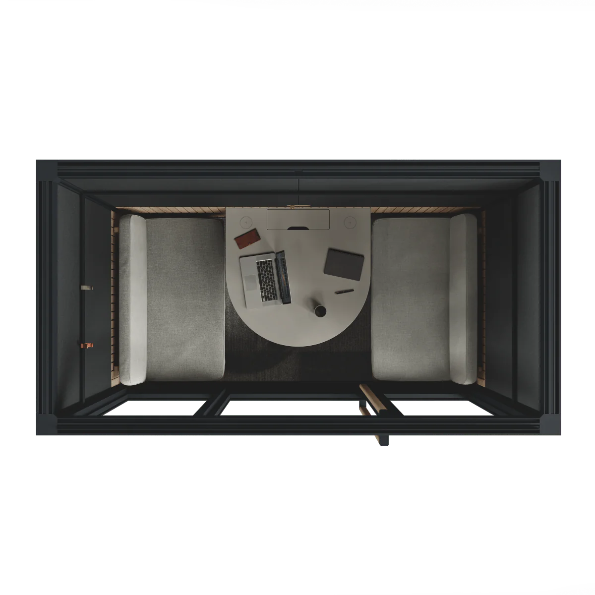 Top view of the Meeting Room Phone Booth – Black Soundproof Office Pod with Glass Door and Seating. Kansas City Office Furniture