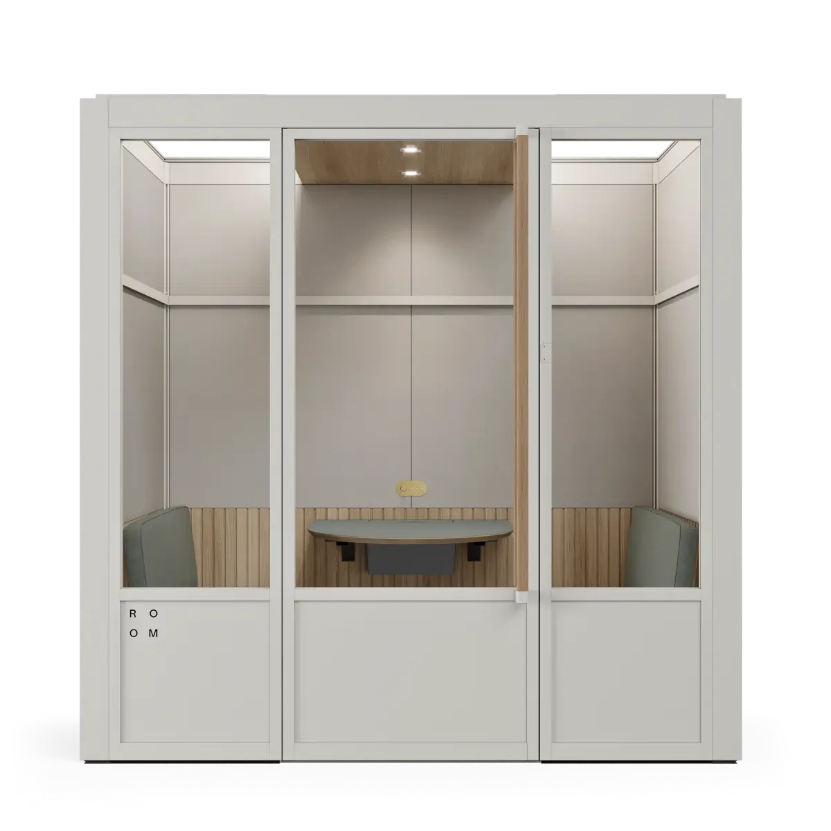 Meeting Room Phone Booth – White Soundproof Office Pod with Glass Door and Seating. Kansas City Office Furniture