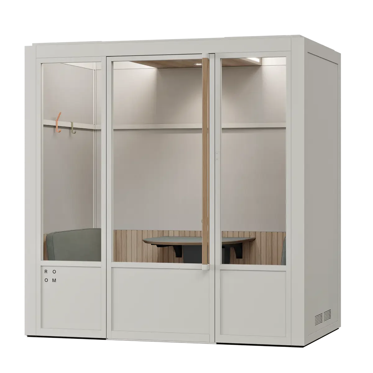 Meeting Room Phone Booth – White Soundproof Office Pod with Glass Door and Seating. Kansas City Office Furniture