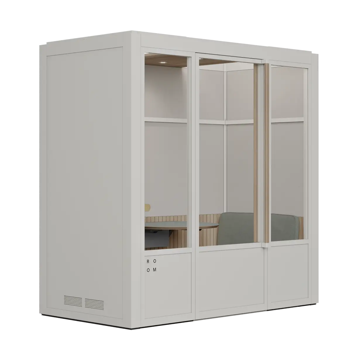 Meeting Room Phone Booth – White Soundproof Office Pod with Glass Door and Seating. Kansas City Office Furniture