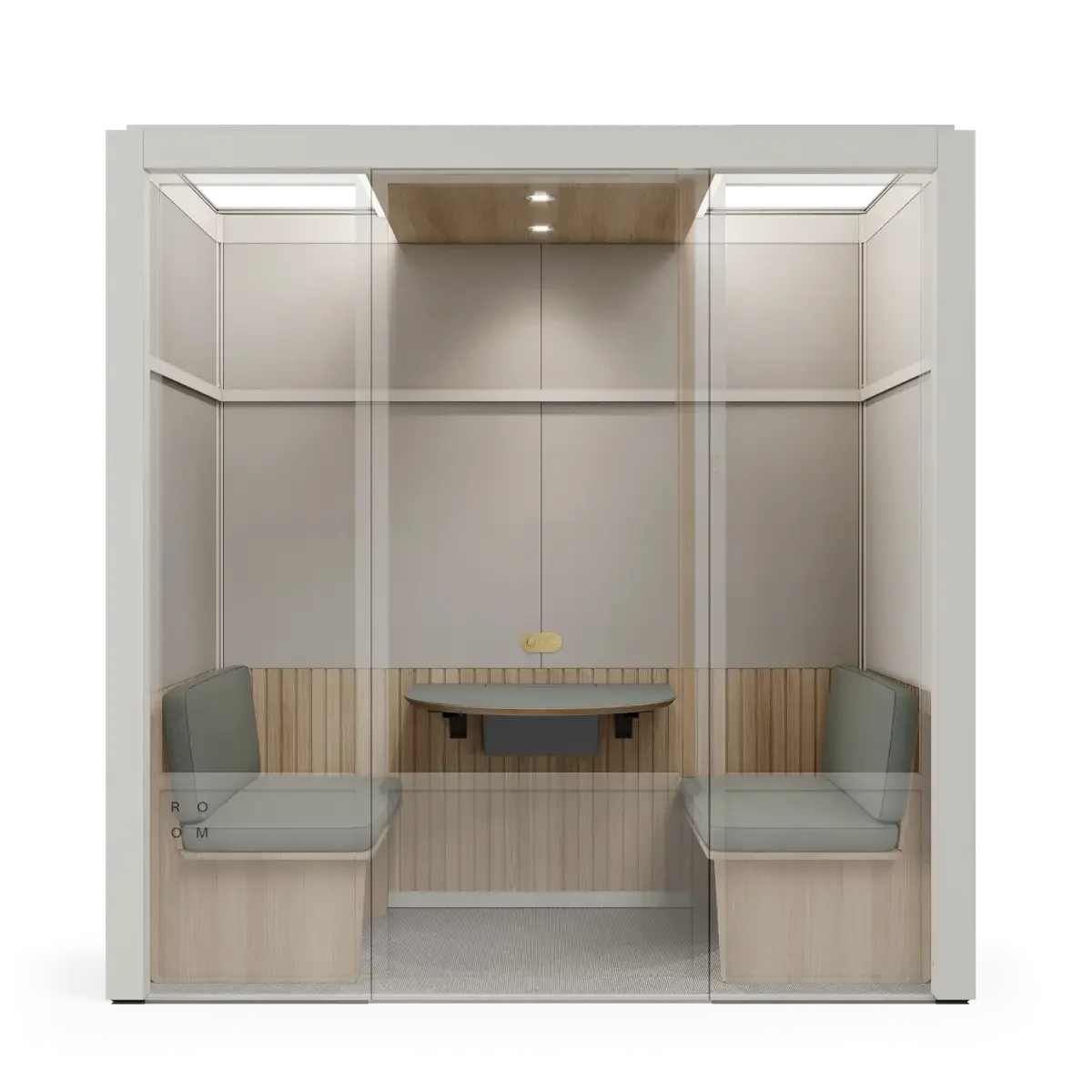 Meeting Room Phone Booth – White Soundproof Office Pod with Glass Door and Seating. Kansas City Office Furniture