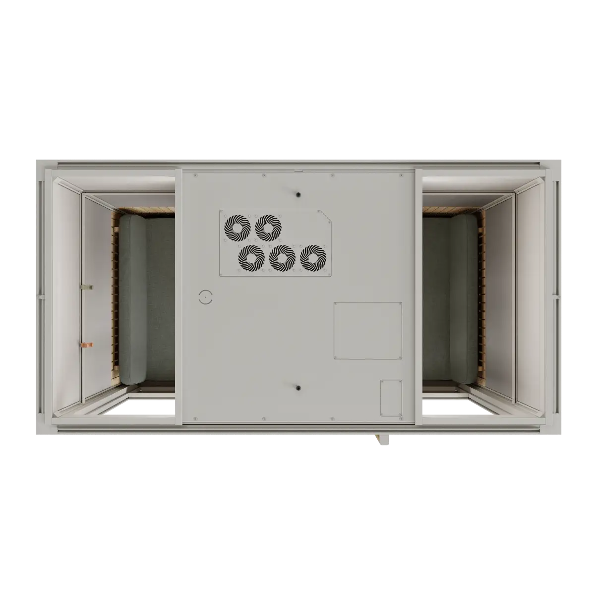 Top view of the Meeting Room Phone Booth, showing the ventilation system. White Soundproof Office Pod with Glass Door and Seating. Kansas City Office Furniture