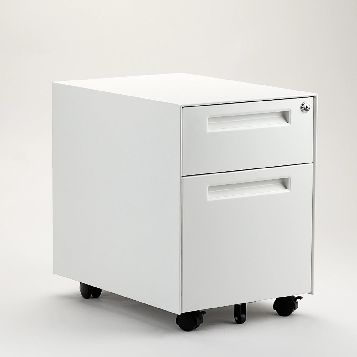 White metal file cabinet on wheels with a drawer open on a light gray background. Kansas City Office Furniture.