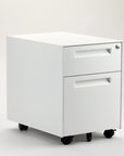 White metal file cabinet on wheels with a drawer open on a light gray background. Kansas City Office Furniture.