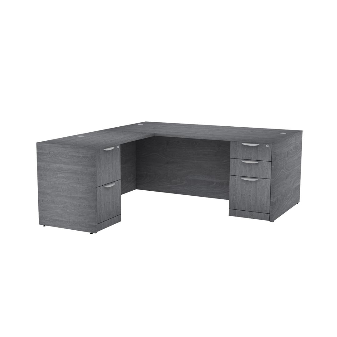 Storlie Classic L Shaped Double Pedestal Office Desk in New Grey. 36 x 72 Work Surface with 24 x 48 Return. L Desk. Box Box File and File File Storage. BBF and FF drawers. Kansas City Office Furniture.