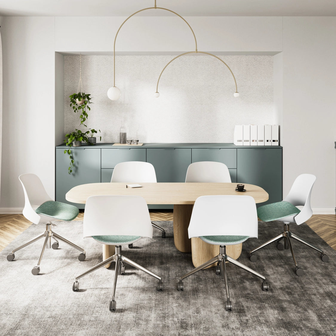 Modern conference room with a round wooden table and white chairs. Kansas City Office Design