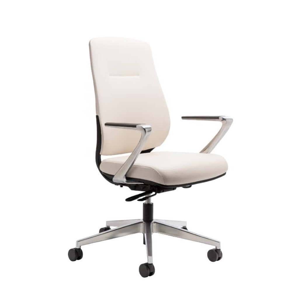 Side angle view. Auburn Conference Chair with white fabric seat and back. Polished aluminum frame. Ergonomic Desk chair. Kansas City office furniture.