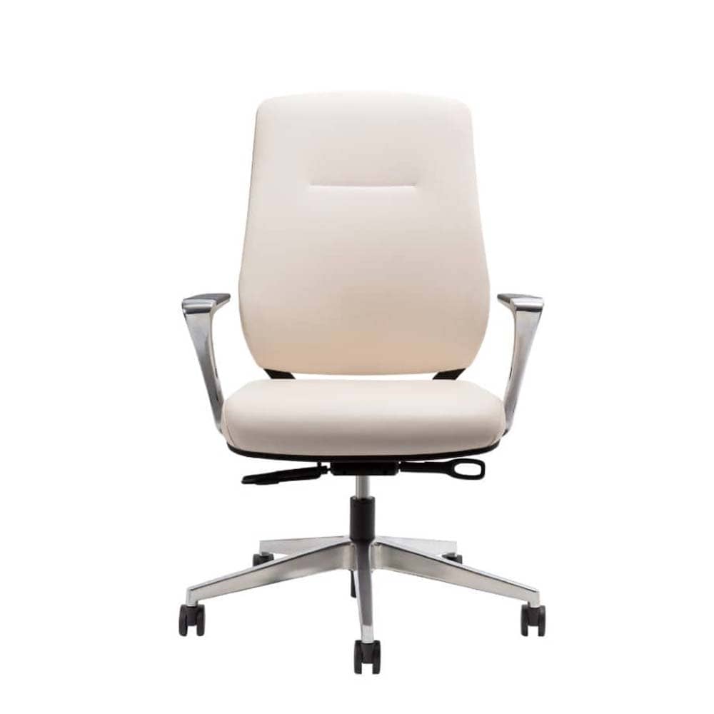 Auburn Conference Chair with white fabric seat and back. Polished aluminum frame. Ergonomic Desk chair. Kansas City office furniture.