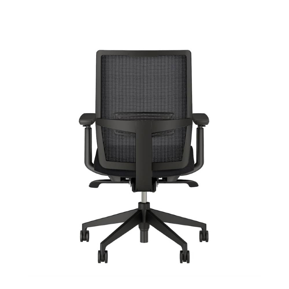 Back view. Devens Desk Chair with Black fabric seat, mesh back, and frame. Ergonomic Desk chair Kansas City, Missouri.